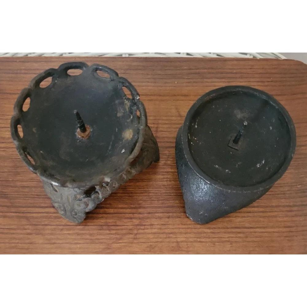 Lot of 2 Vintage Black Cast Iron Candle Holder Mid Century Japan Atomic Tripod